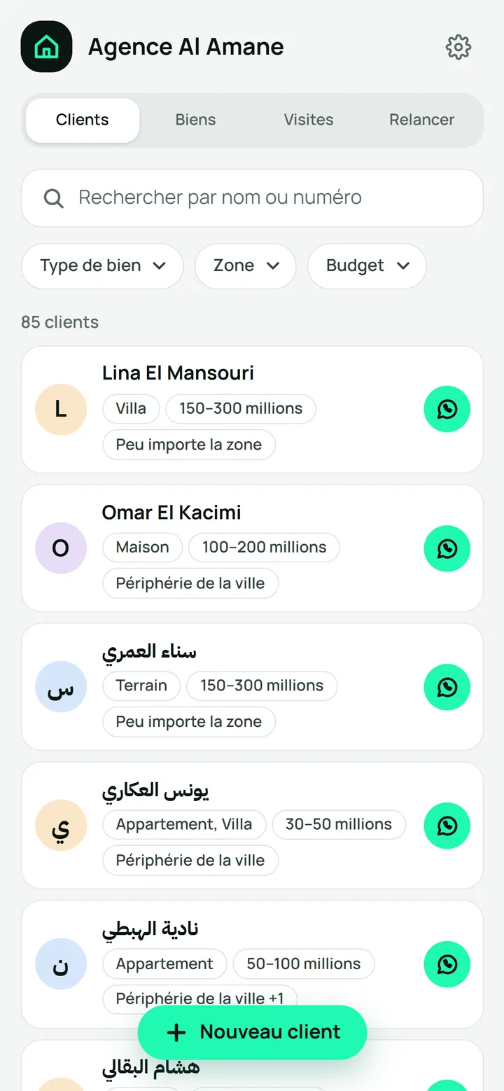 Each client stays recorded with their number and request, even if they don’t buy today. You find them by name or number so you can call them later.